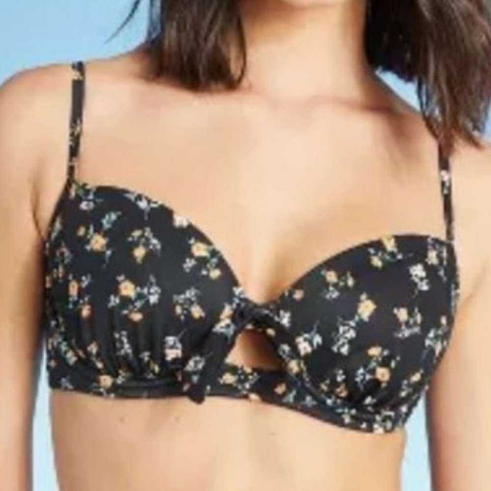 Shade & Shore Lightly Lined Tie Front Bikini Swimsuit Top Black FLoral 38C - Picture 1 of 5